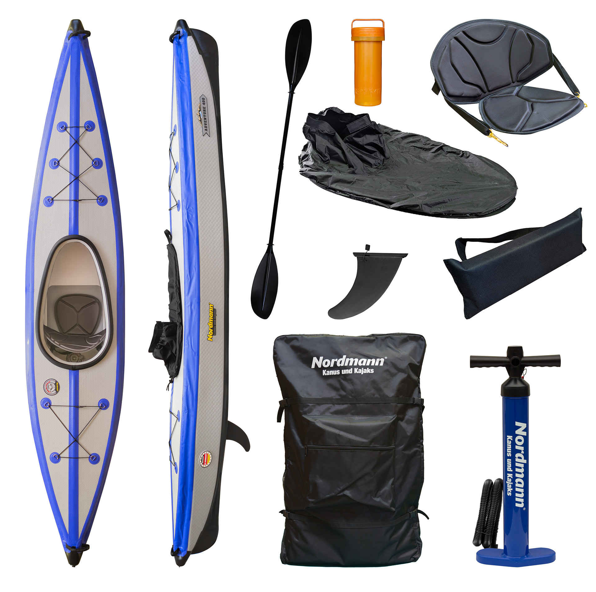 Nordmann®  I-Kajak Adventure 400 Drop Stitch Luftkajak 1-Sitzer inkl. Sitze, Paddel und Zubehör