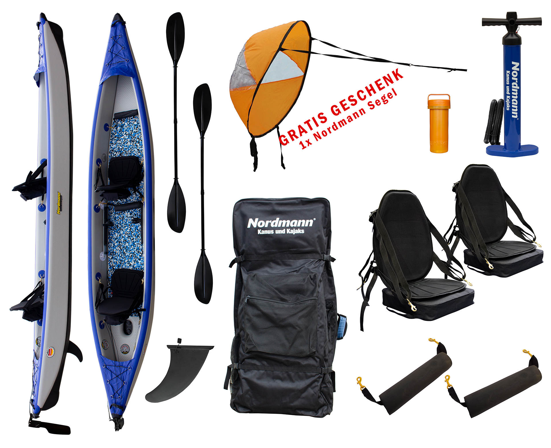 Nordmann®  I-Kajak Racer 470 Drop Stitch Luftkajak 2-Sitzer inkl. Sitze, Paddel und Zubehör