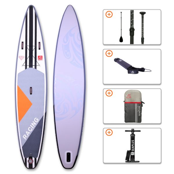SEA PLUS Aufblasbares SUP Board RACING 12'6" inkl. Paddel, Pumpe und weiterem Zubehör